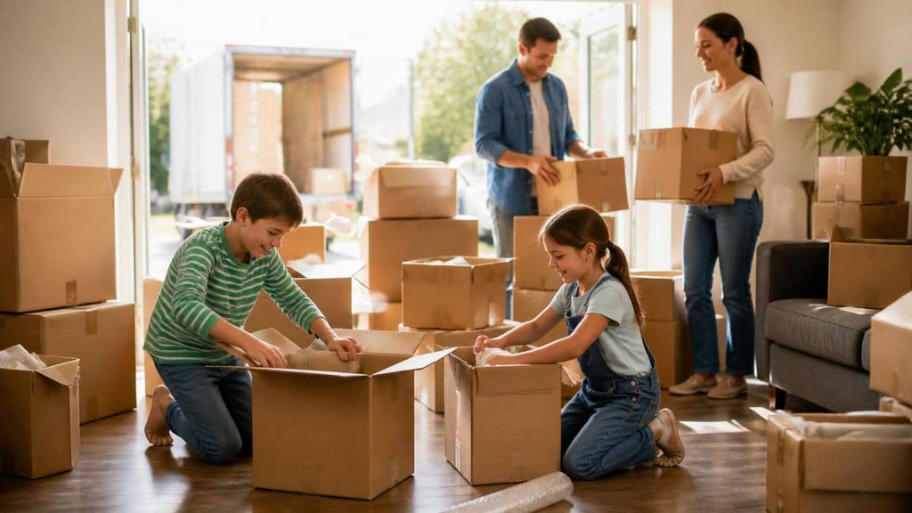 Parents and two school-age children walking past removal boxes outside a house in Kent - Moving to Kent with school-age children: an honest school-first guide