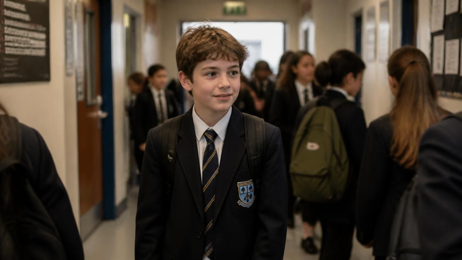 A Year 7 pupil in uniform walking through a secondary school corridor in their first weeks - Moving from primary to secondary: helping your child cope with the jump