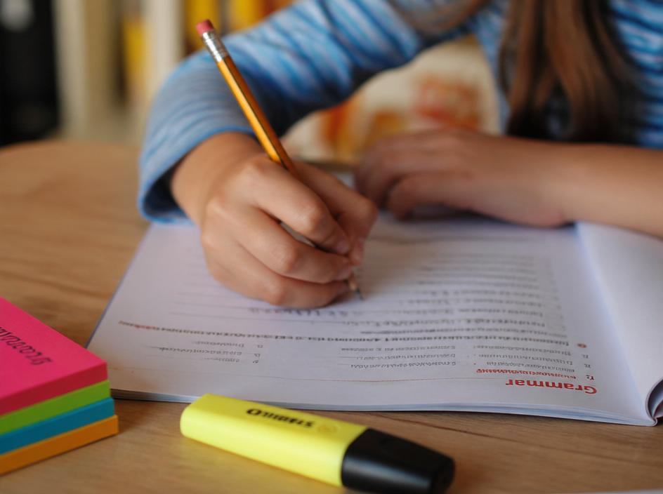 A child working through a practice workbook with a tutor