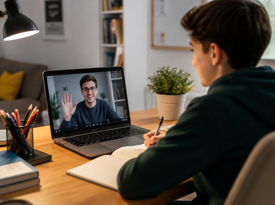 An online tutoring session with a friendly tutor on screen