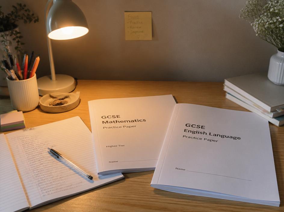 GCSE Maths and English practice papers on a desk