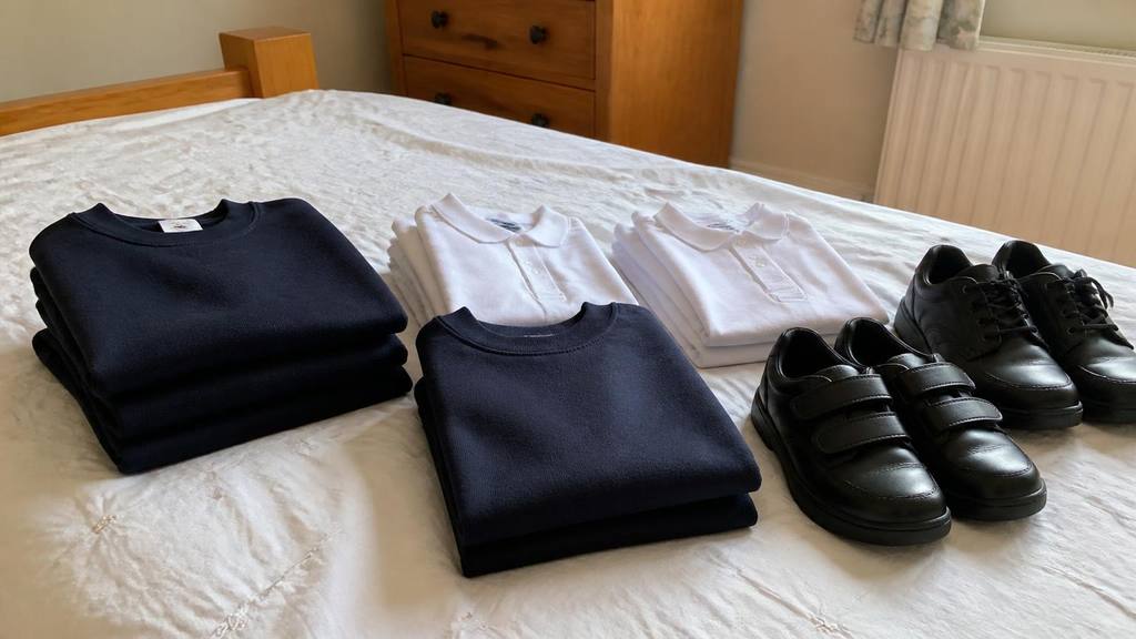 A school uniform laid out at home with jumper, shirt, tie and shoes ready for term - School uniform in Kent: what to expect and how to save