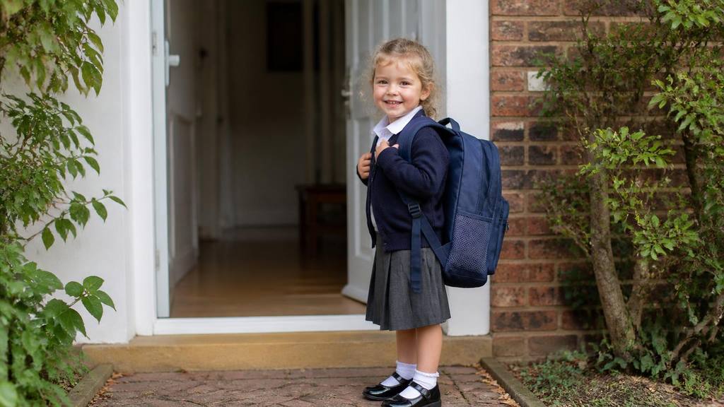 A child in reception uniform with a book bag ready for their first day at school - Starting reception: a calm September checklist