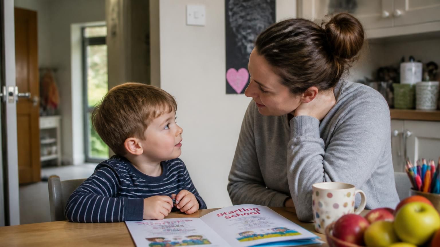 A parent talking with a young child at home about starting school - Starting school a year late: the rules on summer-born deferred entry in Kent
